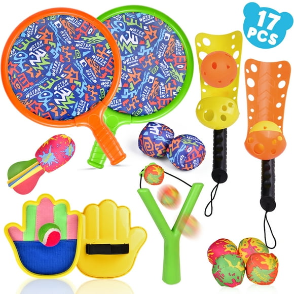 Fun Little Toys 17 PCS Outdoor Sports Games Set with Scoop Ball Toss,Toss and Catch Games, Tennis Racket Sports Toys,Slingshot Toy,Outside Toys Gift Packs for Kids