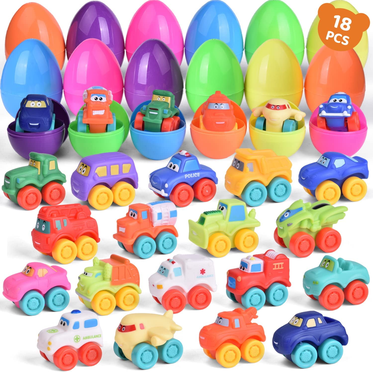 Fun Little Toys 18 Packs Easter Eggs Prefilled with Soft Rubber Baby Toy Cars, Bath Toys Vehicles for Toddlers, Easter Party Favors, Easter Basket Stuffers, Goodie Bags Fillers, Easter Egg Fillers