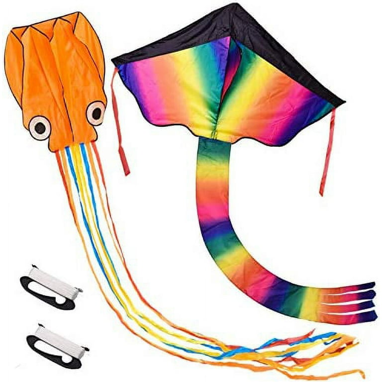 Fun Little Toys 2 Pcs Rainbow and Octopus Kites for Kids(8 Years Old up),Birthday Gift for Boys,Grils, Orange
