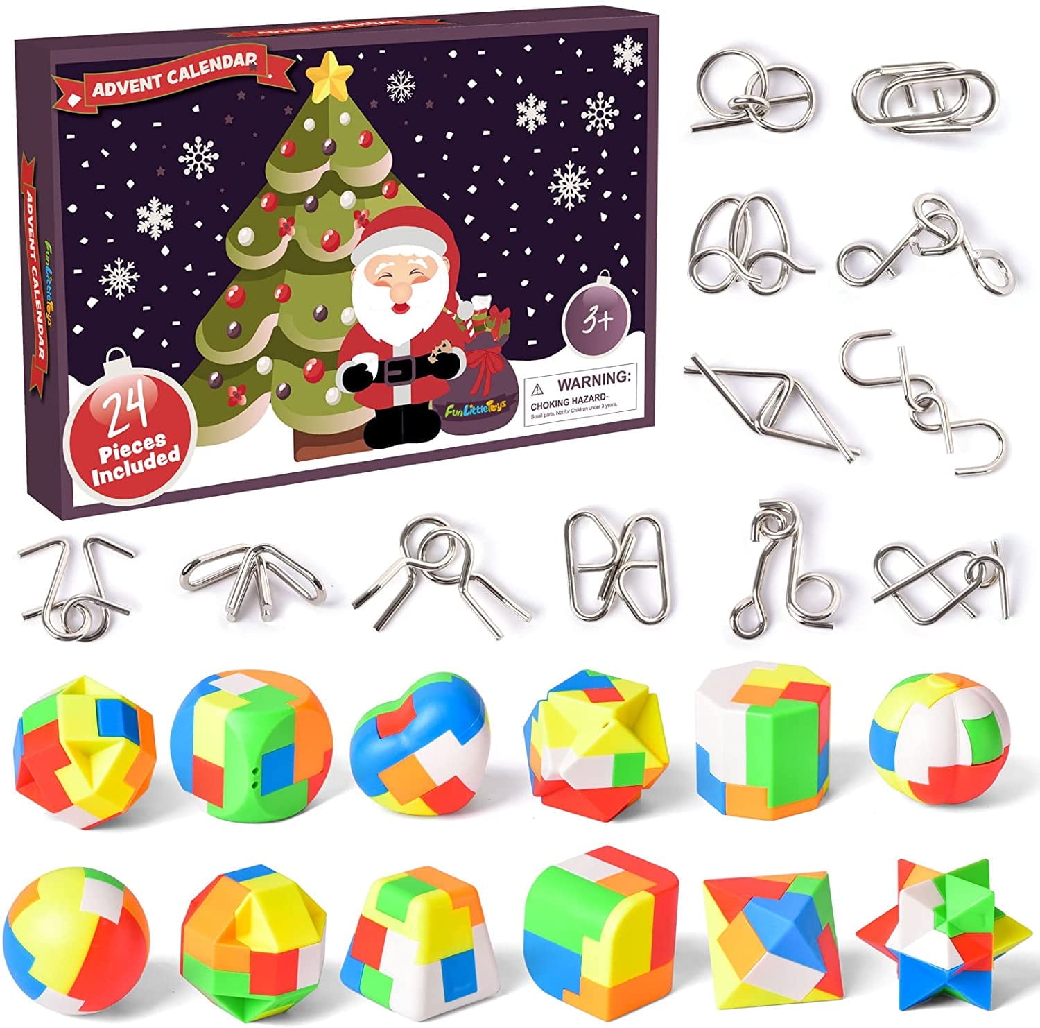 Fun Little Toys 24 Pcs Christmas Advent Calendar Brain Teaser Toy, Metal Puzzle Wire and Geometry Puzzle Toys,2024 Christmas Countdown Calendar Gifts for Boys, Girls Christmas Party Favor Gifts