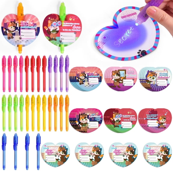 Fun Little Toys 28 Pcs Valentine's Day UV Invisible Ink Pens with Heart Cards Classroom Exchange Gifts
