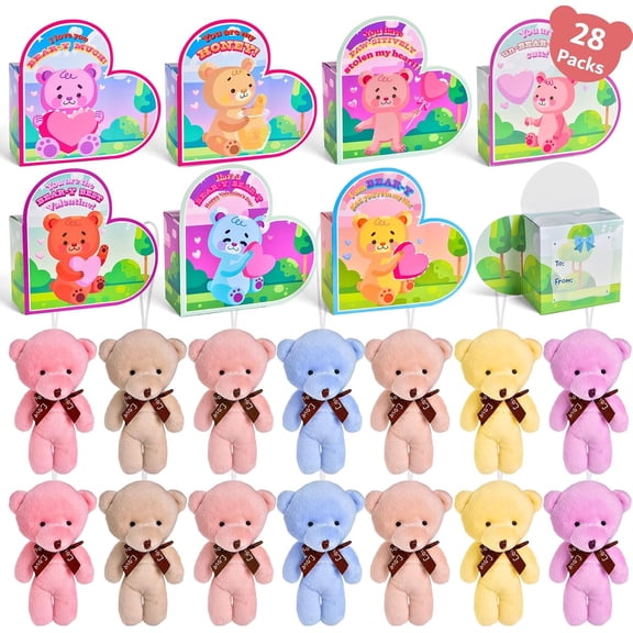 Fun Little Toys Valentines Day Gifts for Kids, 28 Pack Mini Plush Bears with Heart Boxes, Classroom Valentines Party Favors