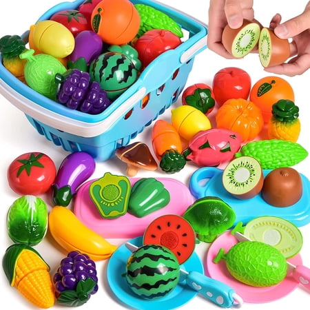 Fun Little Toys 30 Pcs Play Food for Kids Kitchen,Pretend Cutting Food Toys,Pretend Fruit &Vegetables Accessories with Storage Basket,Educational Toy Birthday Gifts for Boys and Girls 3-12