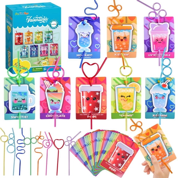 Fun Little Toys 32 Pcs Valentines Day Gifts for Kids, Drinking Straws for Kids Class Valentines Party Favors Supplies Exchange Cards Prizes for Kids Classroom