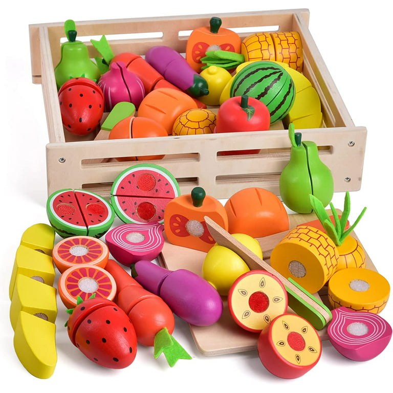 Fun Little Toys 35 Pcs Wooden Play Food for Kids Kitchen, Pretend