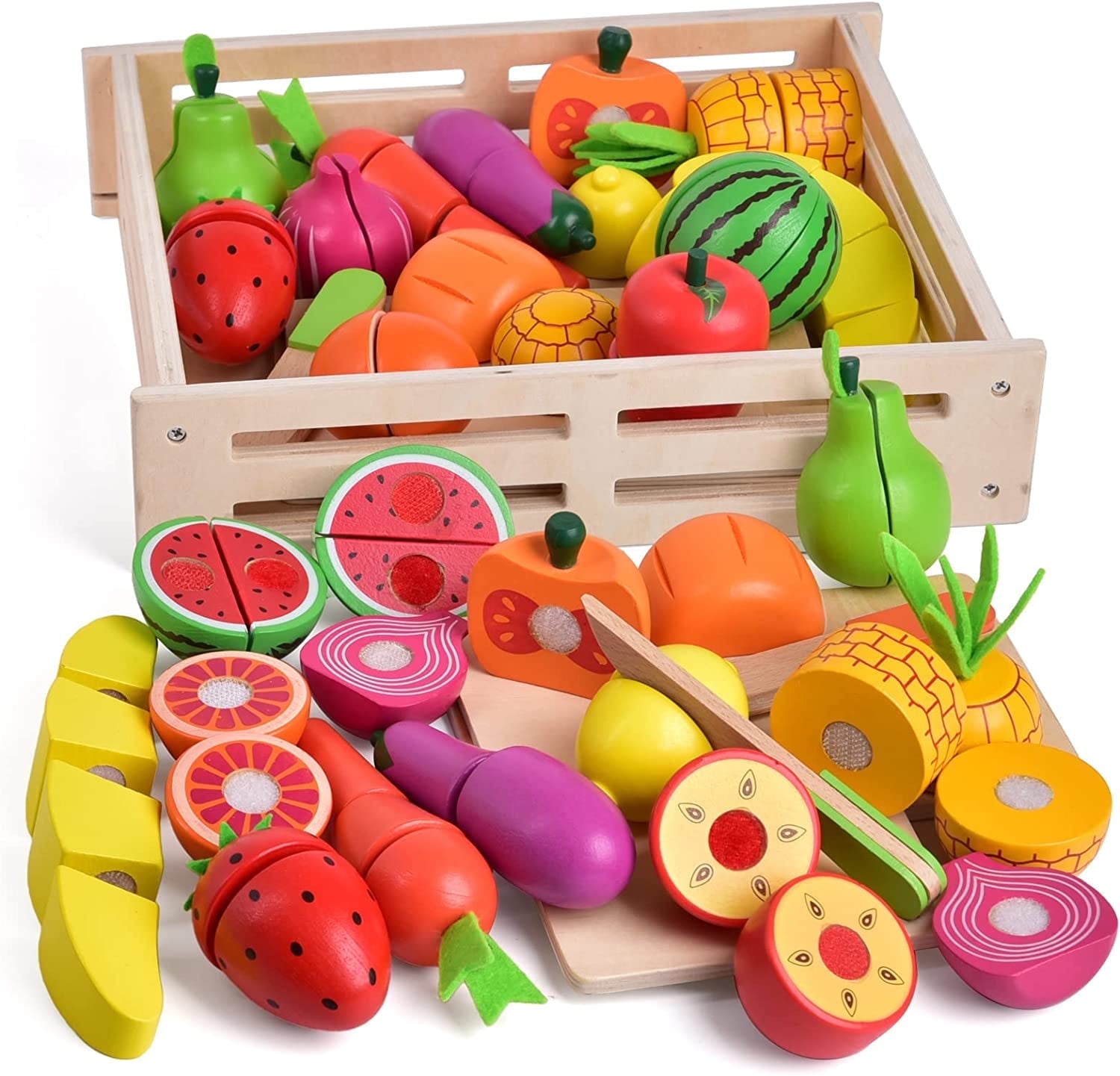 Colorful Wooden Pretend Play Food Set with Cutting Tools