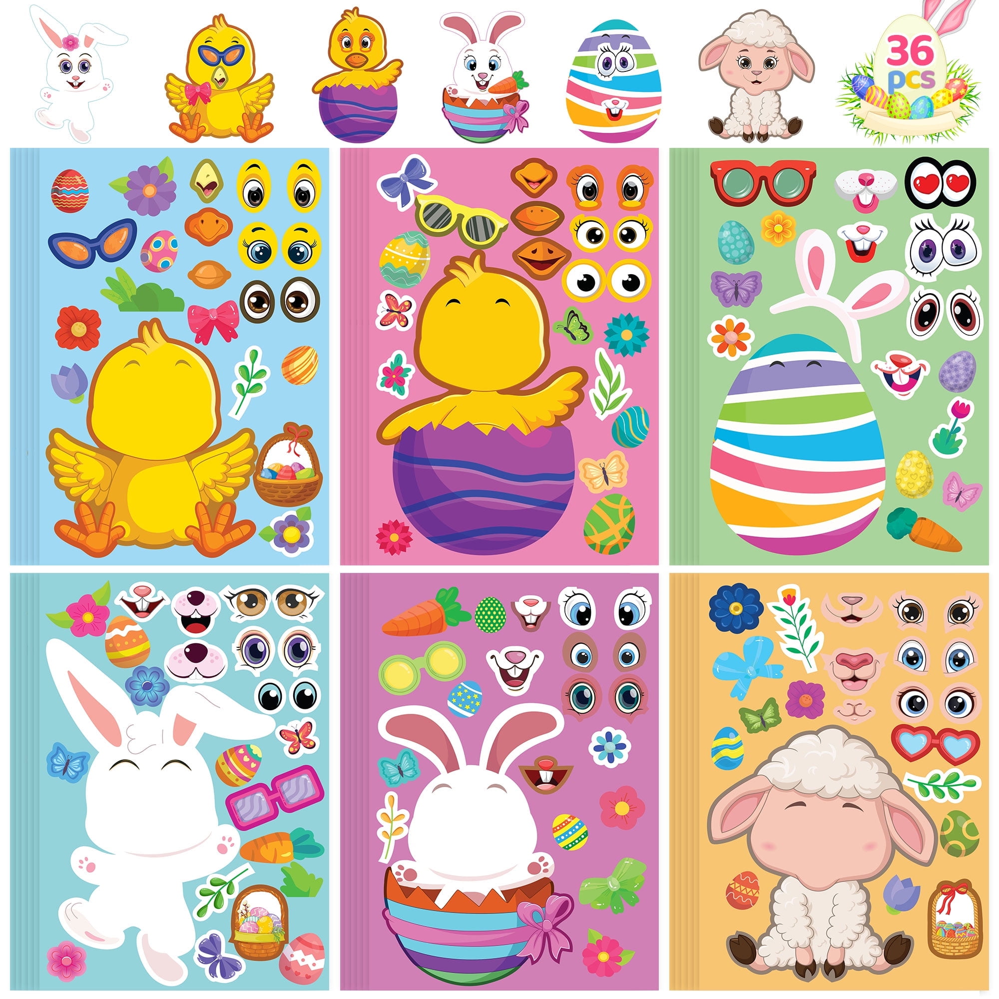 36Pcs Easter Egg Stickers for Kids, Easter Party Games Make a Face Stickers, Happy Easter Stickers, Easter Stickers for Toddlers, Easter Egg Bunny Sticker for Family Schools Activities