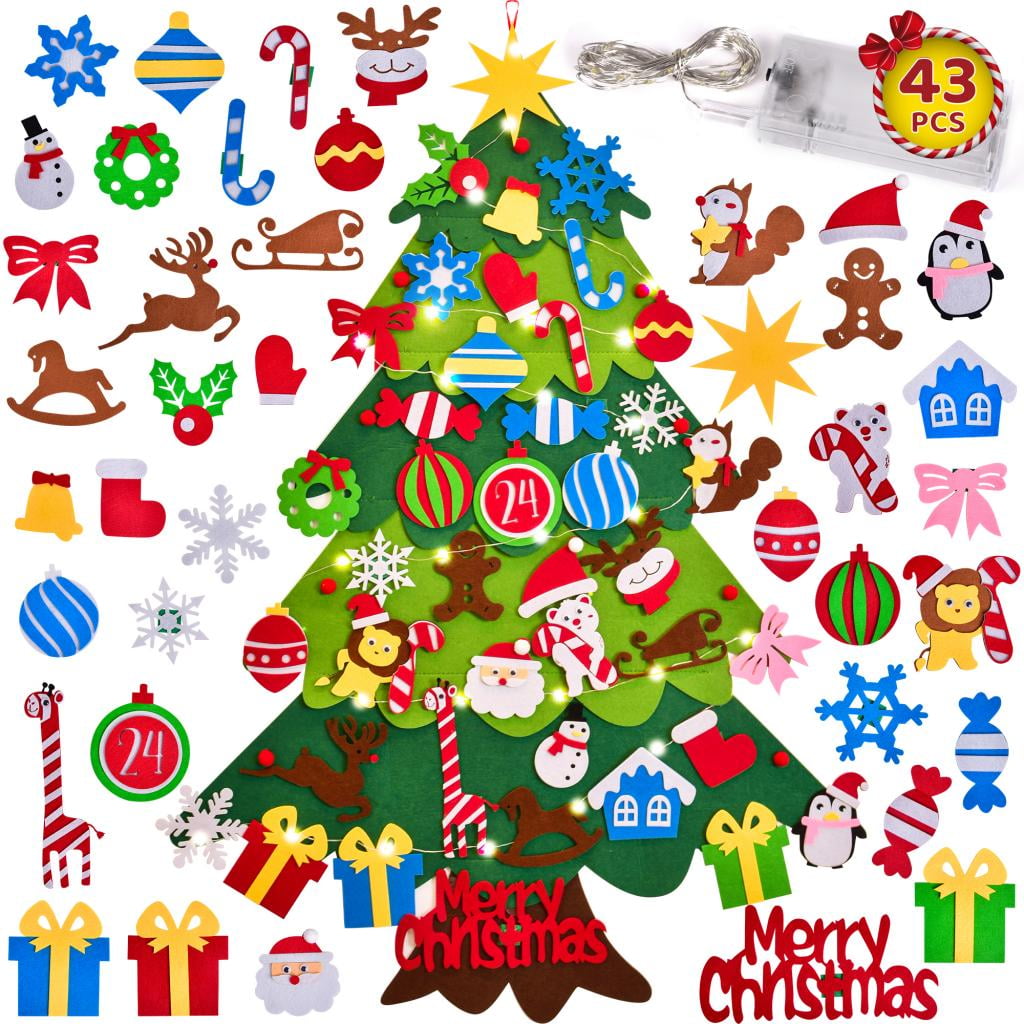 Fun Little Toys 43Pcs DIY Lighted Felt Wall Hanging Christmas Tree