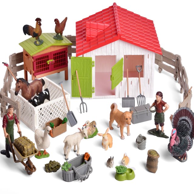 Fun Little Toys 59 Pcs Plastic Farm Toys Playset with Toy Barn and Farm