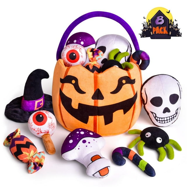 Fun Little Toys 8 Pcs Halloween Plush Pumpkin Basket with Stuffed