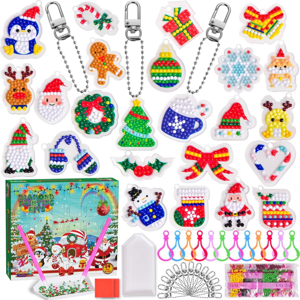 SUNNYCLUE 1 Box 7 Sets Christmas Diamond Art Painting Keychains Bulk Beginner Painting Keychain Kits Xmas Santa Claus Snowman for