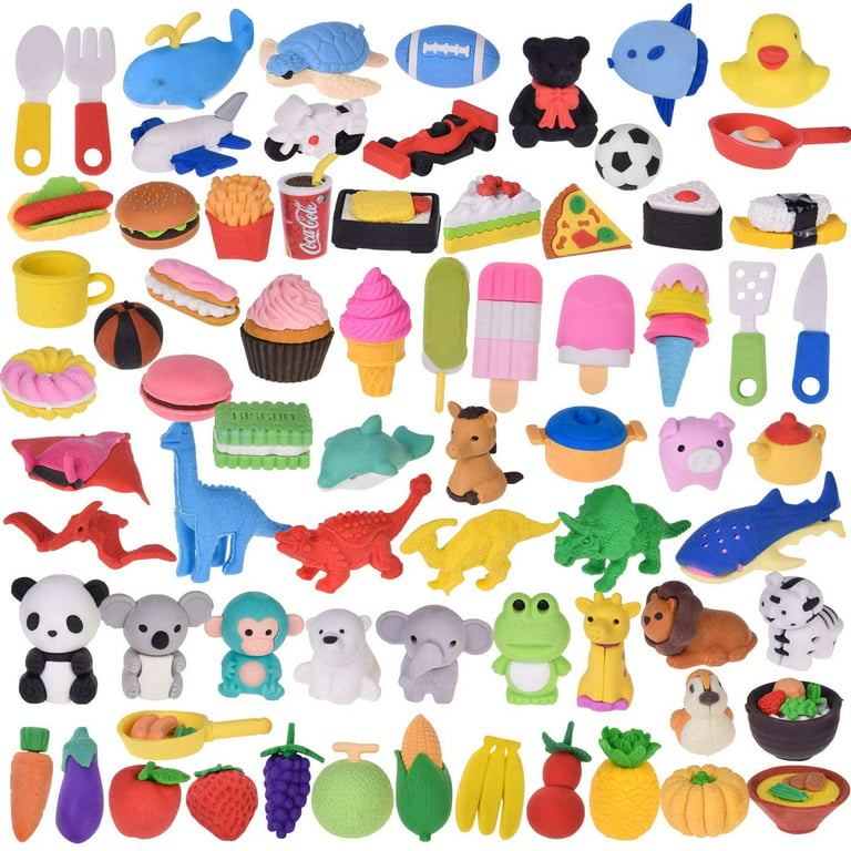 Fun Little Toys Confetti City 72 Pcs Assorted Themed Erasers,Mini Fun Food  Animal Pencil Erasers,Classroom Prizes,Gifts for Kids,Party Favors,School