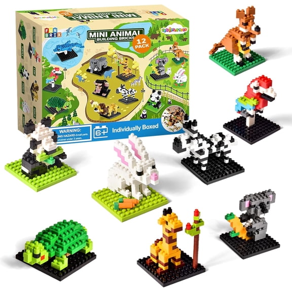 Fun Little Toys 12 Pack Mini Animal Building Blocks, Individually Boxed No Duplicate Zoo Brick Toys, Perfect Party Favors Classroom Prizes Goodie Bag Birthday Gifts for Kids Ages 6-12