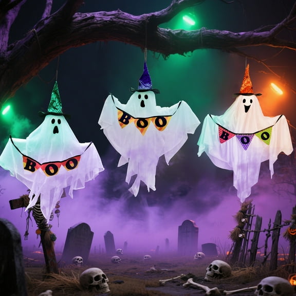 Fun Little Toys Halloween Ghost Decorations Outdoor Tombstones Yard,Tree Window Wall Hanging Flying Cute Ghost Toy Indoor Party Backdrops Props Supplies Favors Decor