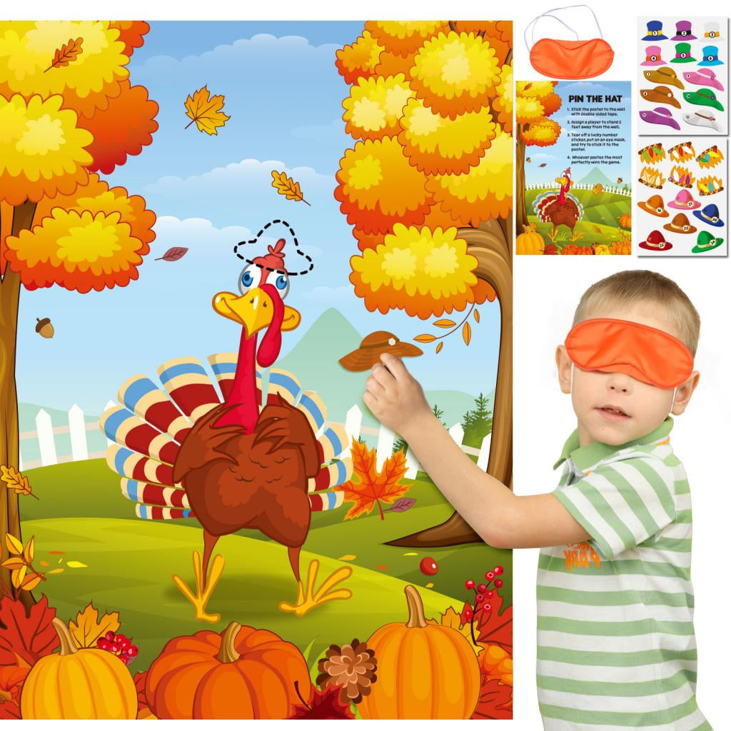 Fun Little Toys Thanksgiving Pin The Hat on the Turkey Includes Poster Hat Stickers Glue Dots Blind Fold, Games Fall Party Supplies Crafts for Kids Boys Girls