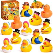 Fun Little Toys Thanksgiving Rubber Duck Toys, 12 Pcs Holiday Bath Ducks with Pilgrim Hat Turkey Pumpkin Designs, Floatable Party Favors for Kids