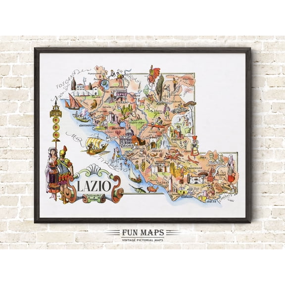 Fun Map Of Lazio In Italy Vintage Pictorial Whimsical Cartoon Old Print Illustration Italian Wall Art Gift Travel Poster Adventure Map, Poster Only