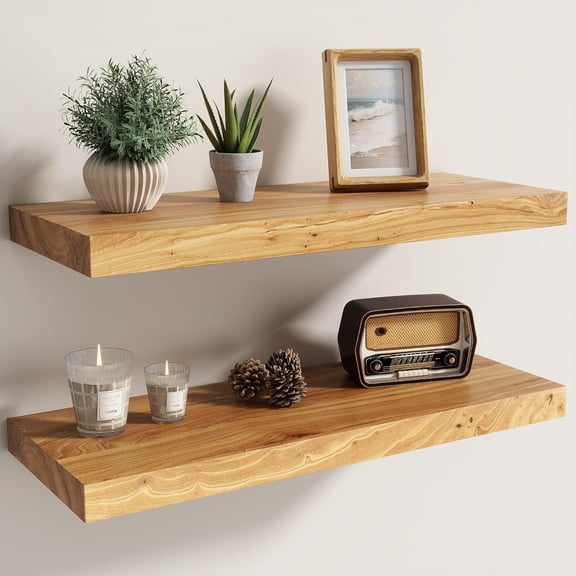 Fun Memories Floating Shelves for Wall, Solid Elm Wood 24 x 8 Inch Wall Set of 2, Straight Edge with Invisible Brackets, Modern Minimalist Living Room Bedroom Kitchen, Natural