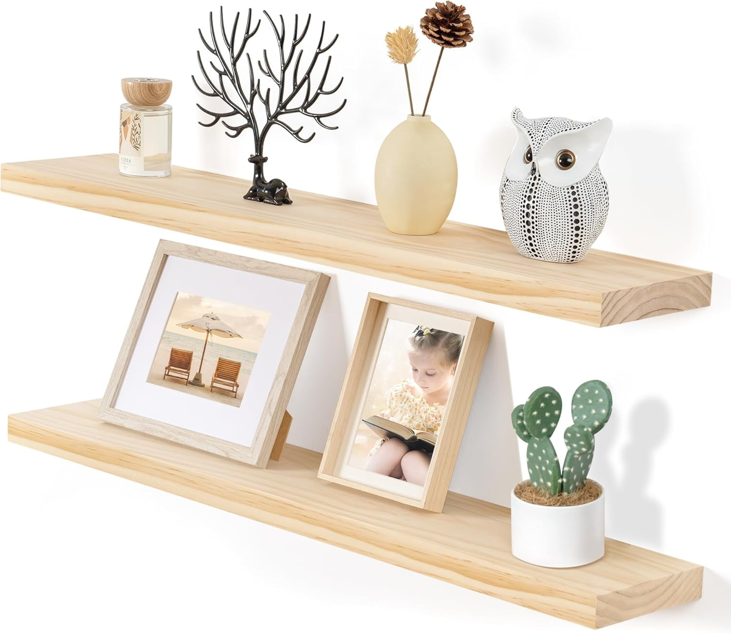 Fun Memories Wood Floating Shelves Set of 2, Rustic Pine Wood Floating