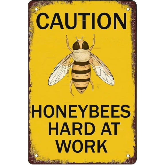 Fun Metal Sign Bee Warning,Caution Honeybees Hard At Work Vintage Decoration Home Bathroom Bar Cafe Club Wall Decor Retro Tin Sign 12 X 8 Inch