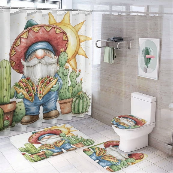Fun Mexican Christmas Gnome 4 Pcs Shower Curtain Set Shower Curtain And Rugs Shower Curtain Set Sun Decor Waterproof Shower Cu for Bathtub Decor Durable Bathroom Decor Set
