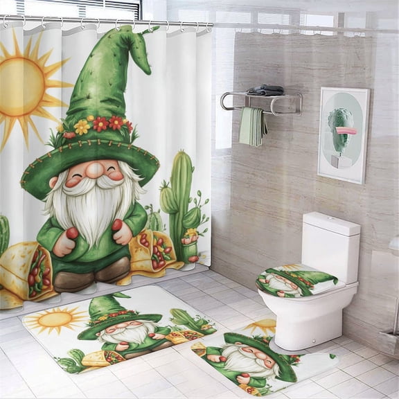 Fun Mexican Christmas Gnome with Cacti 4 Piece Decor Shower Curtains Sets Bathroom Sets with Curtain Rug Toilet Cover And U Shaped Mat Christmas Gnome Durable and Waterproof for Bathtub Decor