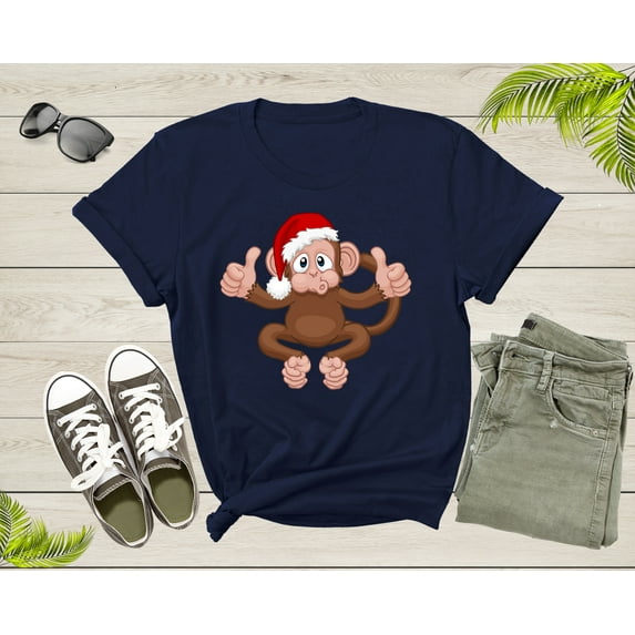 Fun Monkey Wearing Xmas Hat Cute Animal Cartoon Character T-Shirt Monkey Lover Gift T Shirt for Men Women Kids Boys Girls Graphic Tshirt
