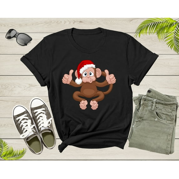 Fun Monkey Wearing Xmas Hat Cute Animal Cartoon Character T-Shirt Monkey Lover Gift T Shirt for Men Women Kids Boys Girls Graphic Tshirt