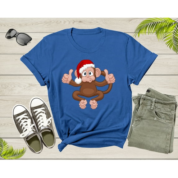 Fun Monkey Wearing Xmas Hat Cute Animal Cartoon Character T-Shirt Monkey Lover Gift T Shirt for Men Women Kids Boys Girls Graphic Tshirt