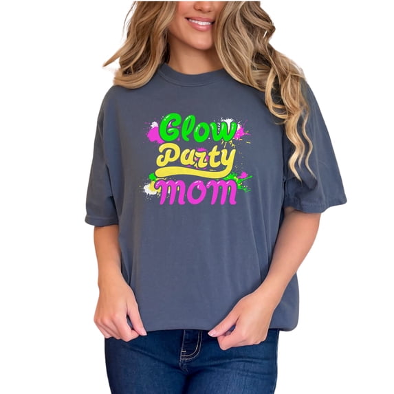 Fun Neon Glow Party Mom, Denim Comfort Colors T-Shirt, Small