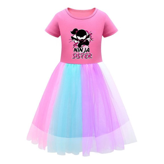 Fun Ninja Kidz Character Dress – Girls Outfit with Rainbow Tulle and Graphic Print – Short Sleeve for Active Kids and Party Wear
