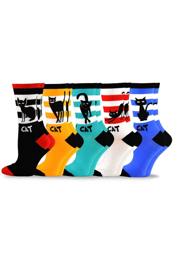 Fun Novelty Cat Lover Cotton Crew Socks for Women 5 Pairs Black Cats