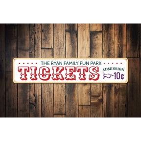 Fun Park Tickets Sign Family Last Name Pointing Hand 10 Cents Admission Metal Beach House Decor - Sign Decor - Size: 16 x 4 Inches