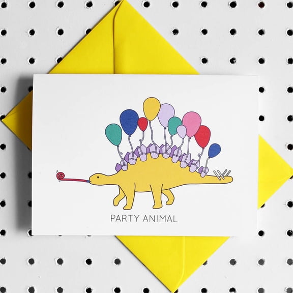 Fun Party Animal Card with Dinosaur and Balloons Blank Greeting Card with Envelope for Kids Birthday, Celebration, and Party Invitations