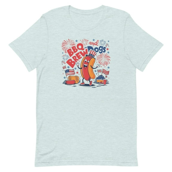 Fun Patriotic BBQ and Brew Hotdog Shirt (Heather Prism Ice Blue, XL)