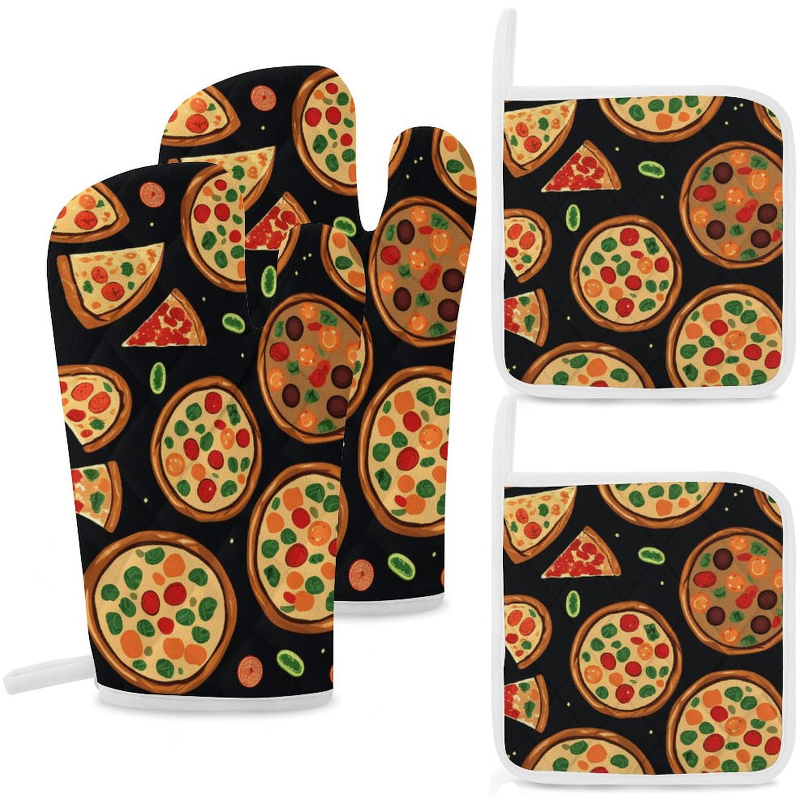 Fun Pizza Oven Mitts And Pot Holders Sets of 4 Oven Gloves Set Potholders for Kitchen Cooking Baking Grilling Anti Scald Hot Pads And Heat Resistant