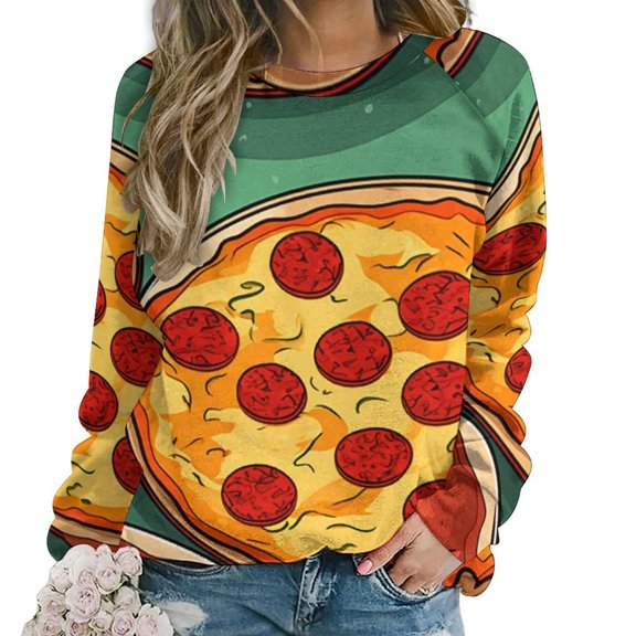 Fun Pizza Womens Casual Crewneck Sweatshirt Long Sleeve Tops Cute Pullover Loose Fit
