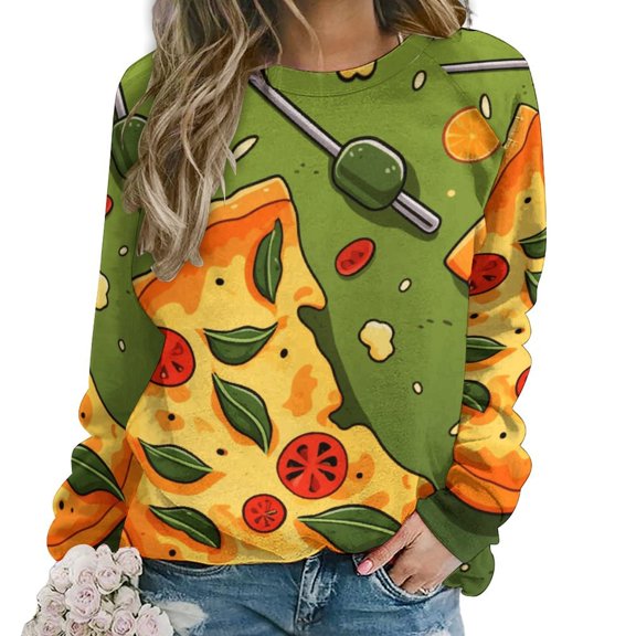 Fun Pizza Womens Casual Crewneck Sweatshirt Long Sleeve Tops Cute Pullover Loose Fit