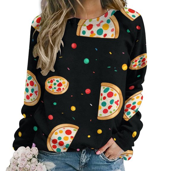 Fun Pizza Womens Casual Crewneck Sweatshirt Long Sleeve Tops Cute Pullover Loose Fit