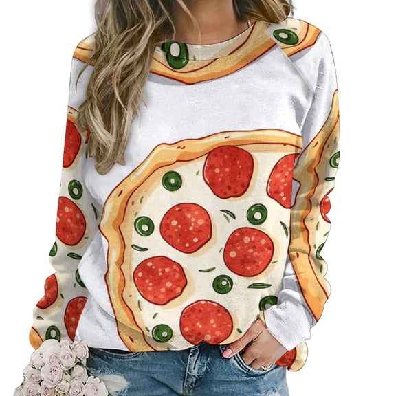 Fun Pizza Womens Casual Crewneck Sweatshirt Long Sleeve Tops Cute Pullover Loose Fit