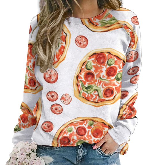 Fun Pizza Womens Casual Crewneck Sweatshirt Long Sleeve Tops Cute Pullover Loose Fit