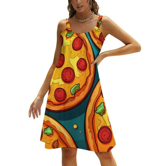 Fun Pizza Womens Summer Dresses Casual Sleeveless Tshirt Sundresses Vacation Beach Cover Up Dress