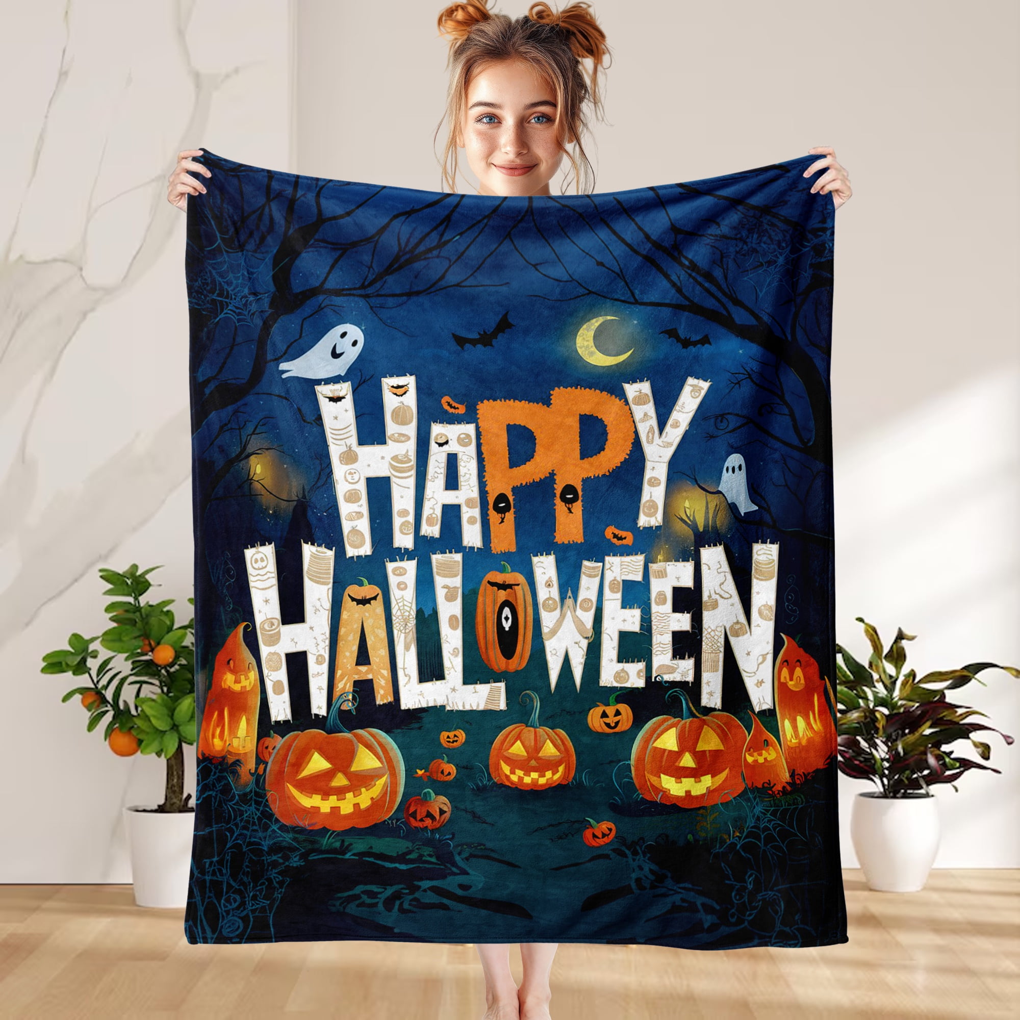 Fun Printed Halloween Throw Blanket, Soft Warm Cozy Flannel Blanket for Bedroom, Living Rooms, Couch,Sofa, Home Decor, 60 x 80 in