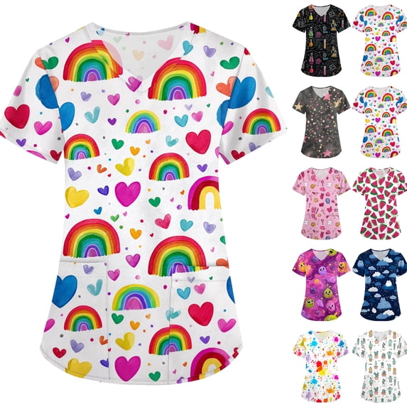 Fun Printed Medical Scrub Top for Women, V-Neck Short Sleeve Nursing Uniform with Pockets - Stretchy Soft Caregiver Tunic Shirt Pink XXXXL