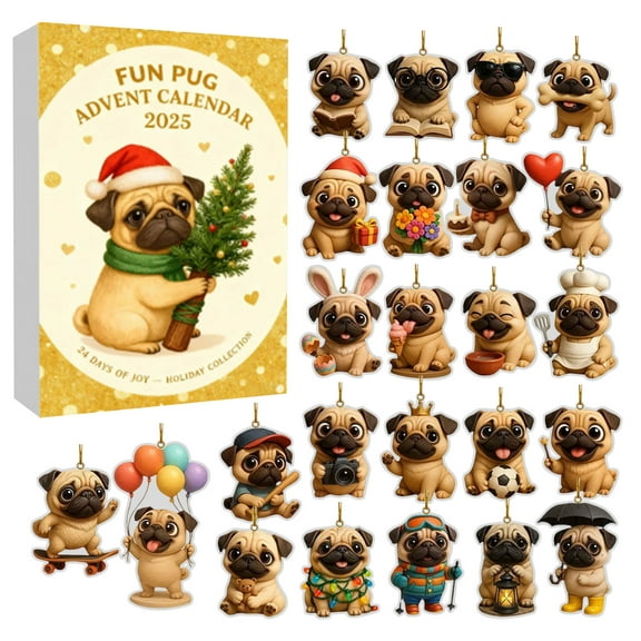 Fun Pug Advent Calendar 2025,24 Days Christmas Advent Calendar with Cute Pug Dog Hanging Ornaments,Funny Countdown to Christmas Holiday Gift Tree Decorations,for Dog Lovers,Collectors-B