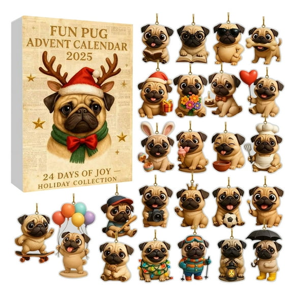 Fun Pug Advent Calendar 2025 Holiday Collection 24 Day Countdown Box with Collectible Pug Figurines for Seasonal Display
