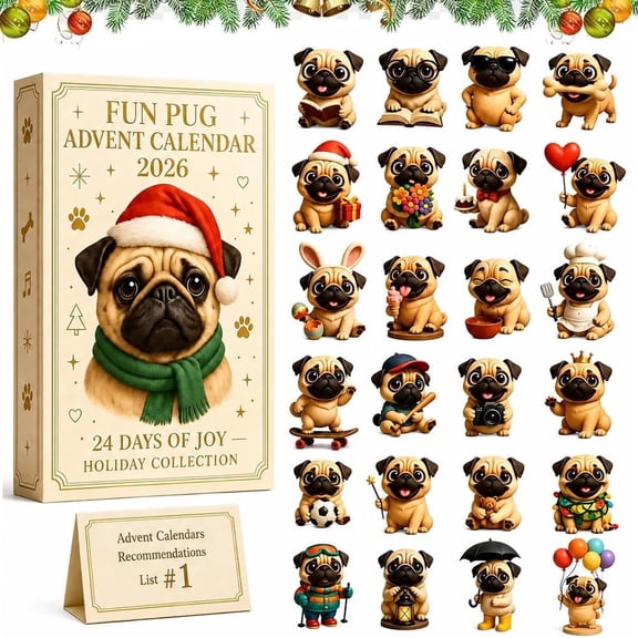 Fun Pug Advent Calendar 2026 24-Day Christmas Countdown 3D Figurine Pendant