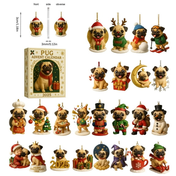 Fun Pug Advent Calendars 2025, 2D Acrylic Ornament Advent, 24 Days Acrylic Dog Ornaments Christmas Countdown Calendar,for Farmhouse Wall Home Seasonal Display
