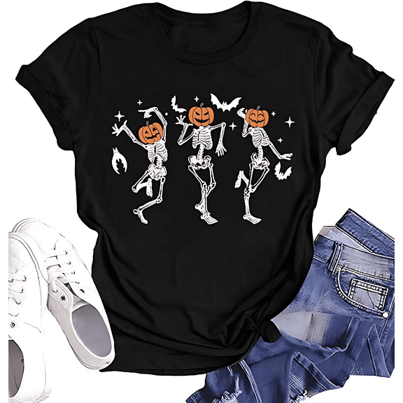 Fun Pumpkin Skull Print Halloween Shirt Short Sleeve Shirts for Women Black One-Piece