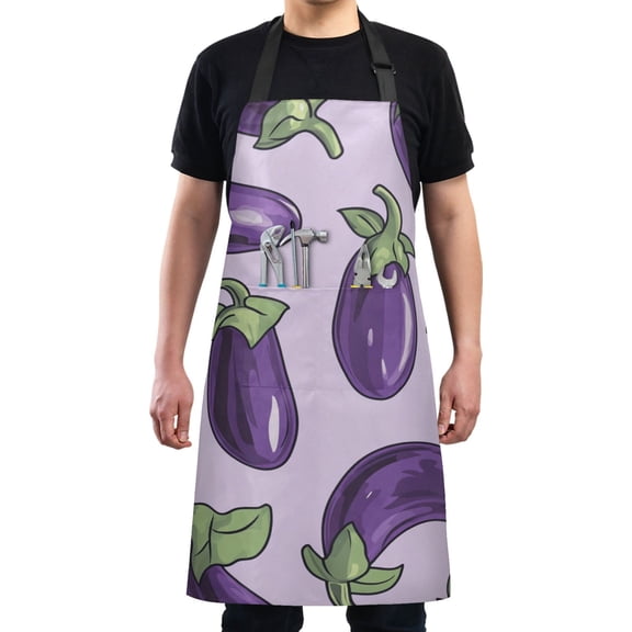 Fun Purple Eggplant Chef Kitchen Apron with Pockets for Women Waterproof Aprons for Cooking Baking